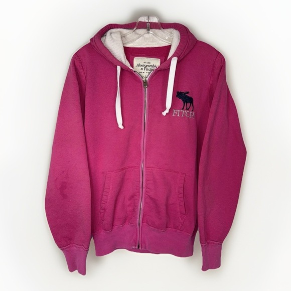 Abercrombie & Fitch Tops - Abercrombie Fitch Pink Zip Hoodie Womens L Y2K Spellout Logo Distressed *Flaws